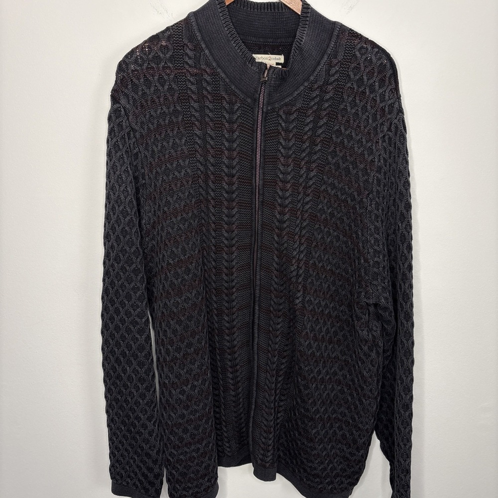 Carbon 2 Cobalt‎ Sweater Mens XL Gray Zip Cardigan 3D Cable Knit Textured Cotton